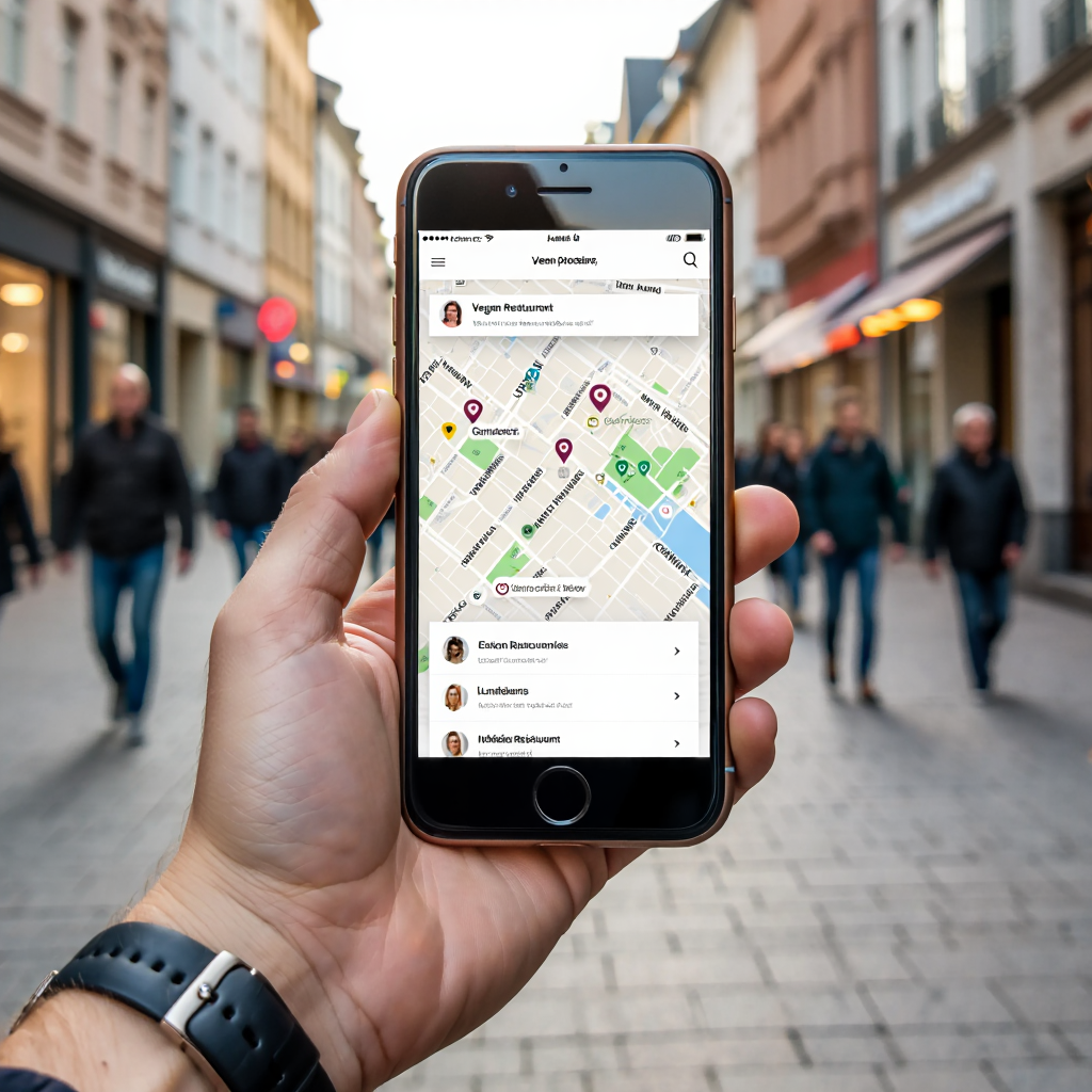 Bildschirm der App „Veganes Essen finden“